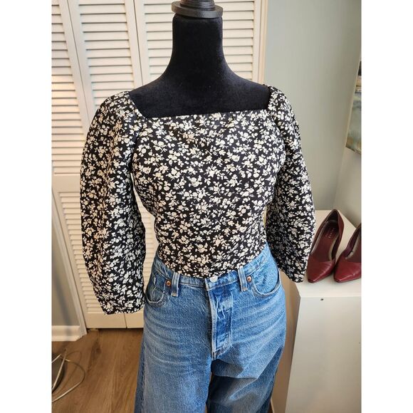 Levi's Women's Yvie Smocked Top Black Floral Cottagecore Boho Puff Sleeve Small - Picture 3 of 9